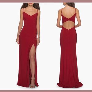 NEW $288 La Femme [ 4 ] V Neck‎ Sleeveless Ruched Jersey Trumpet Gown Red